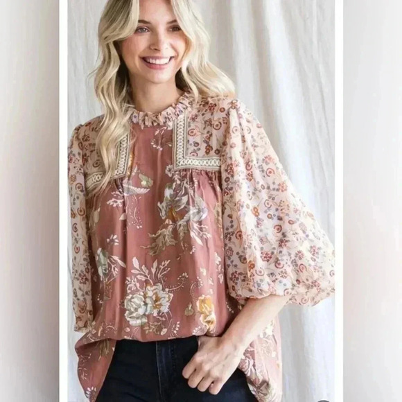 Shop the Mint Making Moves Mauve Pink Floral Print Chiffon Blouse Sz M - Picture 1 of 16